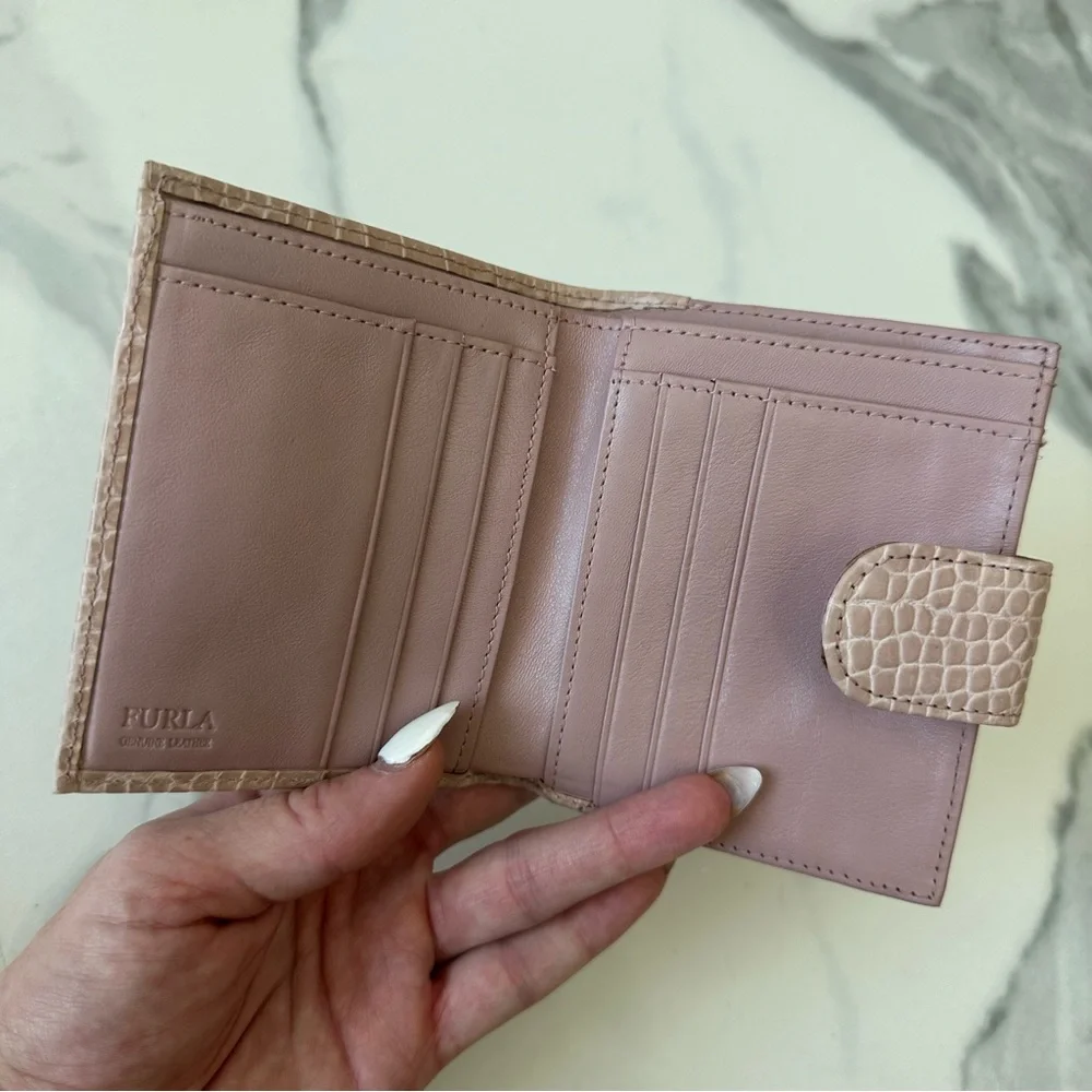 FURLA Baby Pink Croc-Embossed Leather Wallet – Genuine Leather, Button Closure